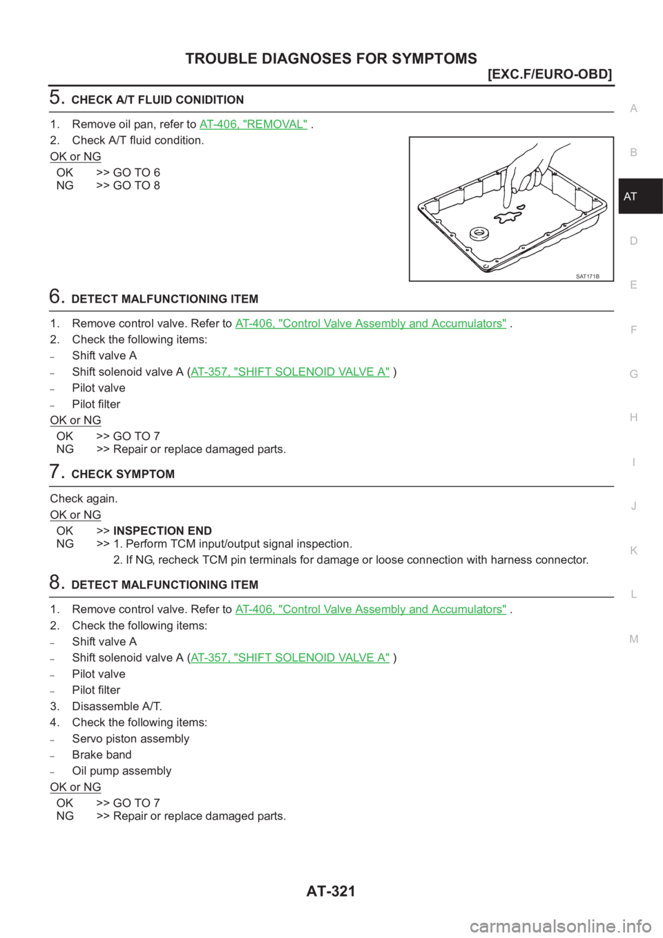 NISSAN ALMERA N16 2003  Electronic Repair Manual TROUBLE DIAGNOSES FOR SYMPTOMS
AT-321
[EXC.F/EURO-OBD]
D
E
F
G
H
I
J
K
L
MA
B
AT
5.CHECK A/T FLUID CONIDITION
1. Remove oil pan, refer to AT- 4 0 6 ,   "
REMOVAL" .
2. Check A/T fluid conditio