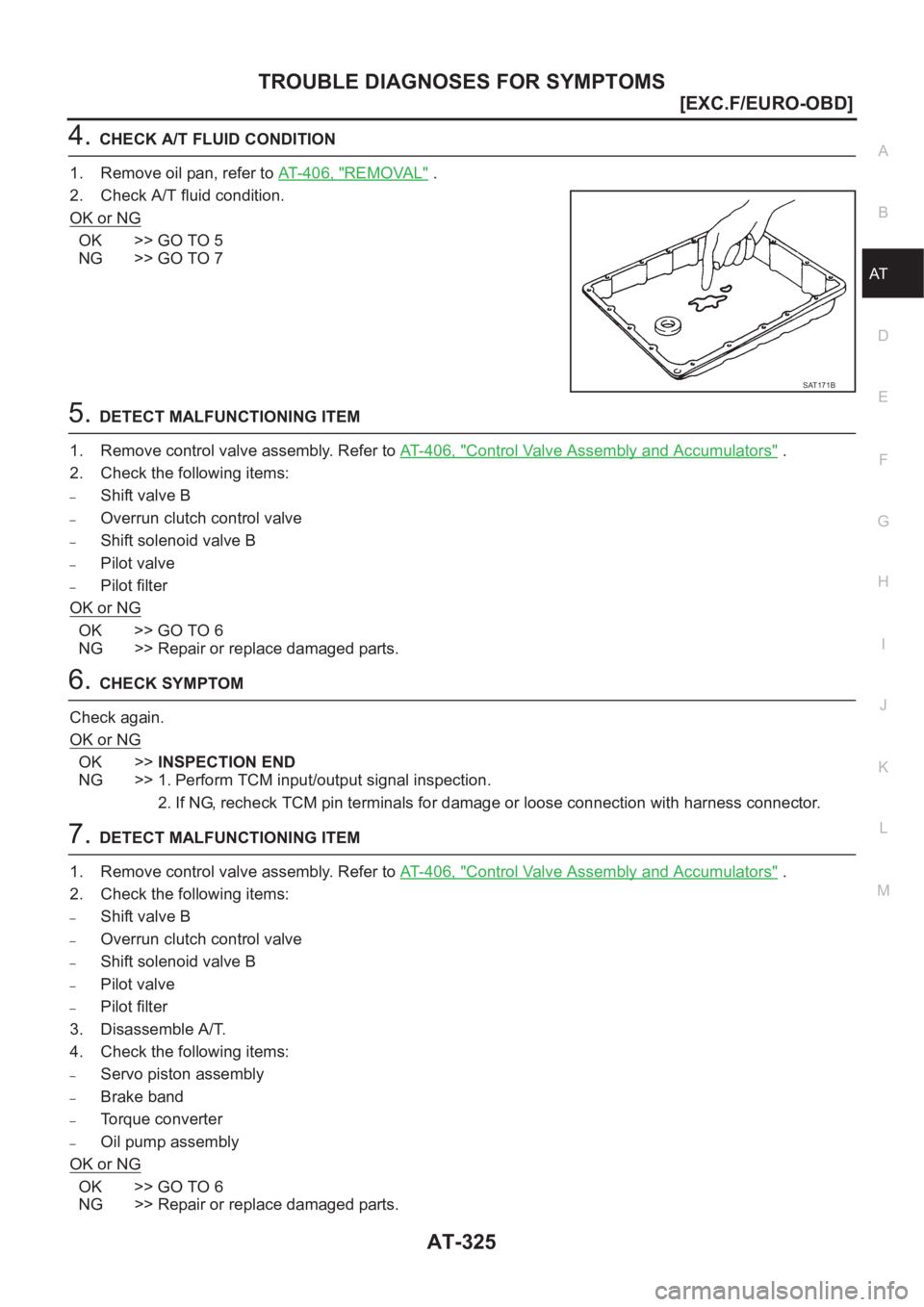 NISSAN ALMERA N16 2003  Electronic Repair Manual TROUBLE DIAGNOSES FOR SYMPTOMS
AT-325
[EXC.F/EURO-OBD]
D
E
F
G
H
I
J
K
L
MA
B
AT
4.CHECK A/T FLUID CONDITION
1. Remove oil pan, refer to AT- 4 0 6 ,   "
REMOVAL" .
2. Check A/T fluid condition