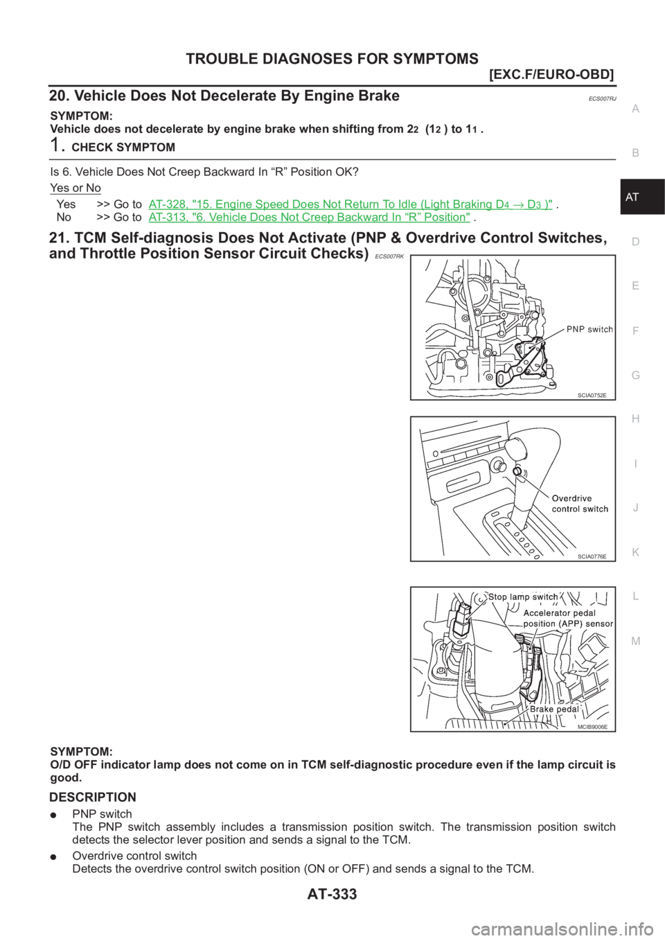 NISSAN ALMERA N16 2003  Electronic Repair Manual TROUBLE DIAGNOSES FOR SYMPTOMS
AT-333
[EXC.F/EURO-OBD]
D
E
F
G
H
I
J
K
L
MA
B
AT
20. Vehicle Does Not Decelerate By Engine BrakeECS007RJ
SYMPTOM:
Vehicle does not decelerate by engine brake when shift