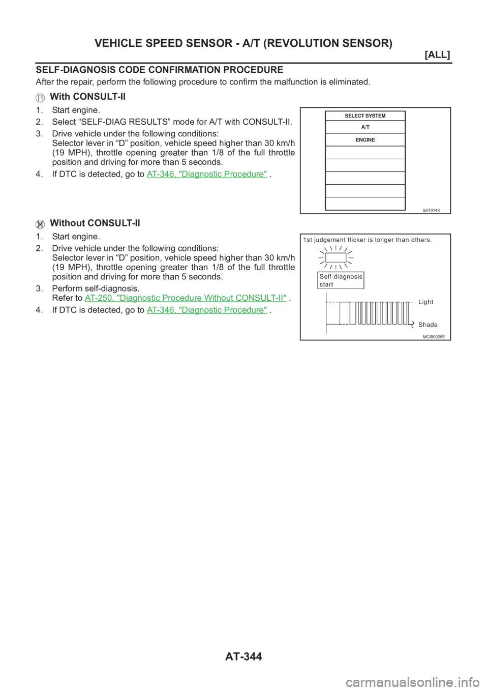NISSAN ALMERA N16 2003  Electronic Repair Manual AT-344
[ALL]
VEHICLE SPEED SENSOR - A/T (REVOLUTION SENSOR)
SELF-DIAGNOSIS CODE CONFIRMATION PROCEDURE
After the repair, perform the following procedure to confirm the malfunction is eliminated.
 With