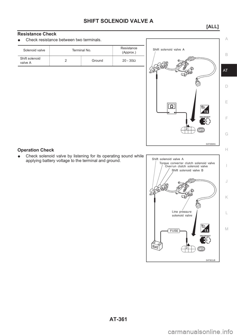 NISSAN ALMERA N16 2003  Electronic Repair Manual SHIFT SOLENOID VALVE A
AT-361
[ALL]
D
E
F
G
H
I
J
K
L
MA
B
AT
Resistance Check
●Check resistance between two terminals.
Operation Check
●Check  solenoid  valve  by  listening  for  its  operating 