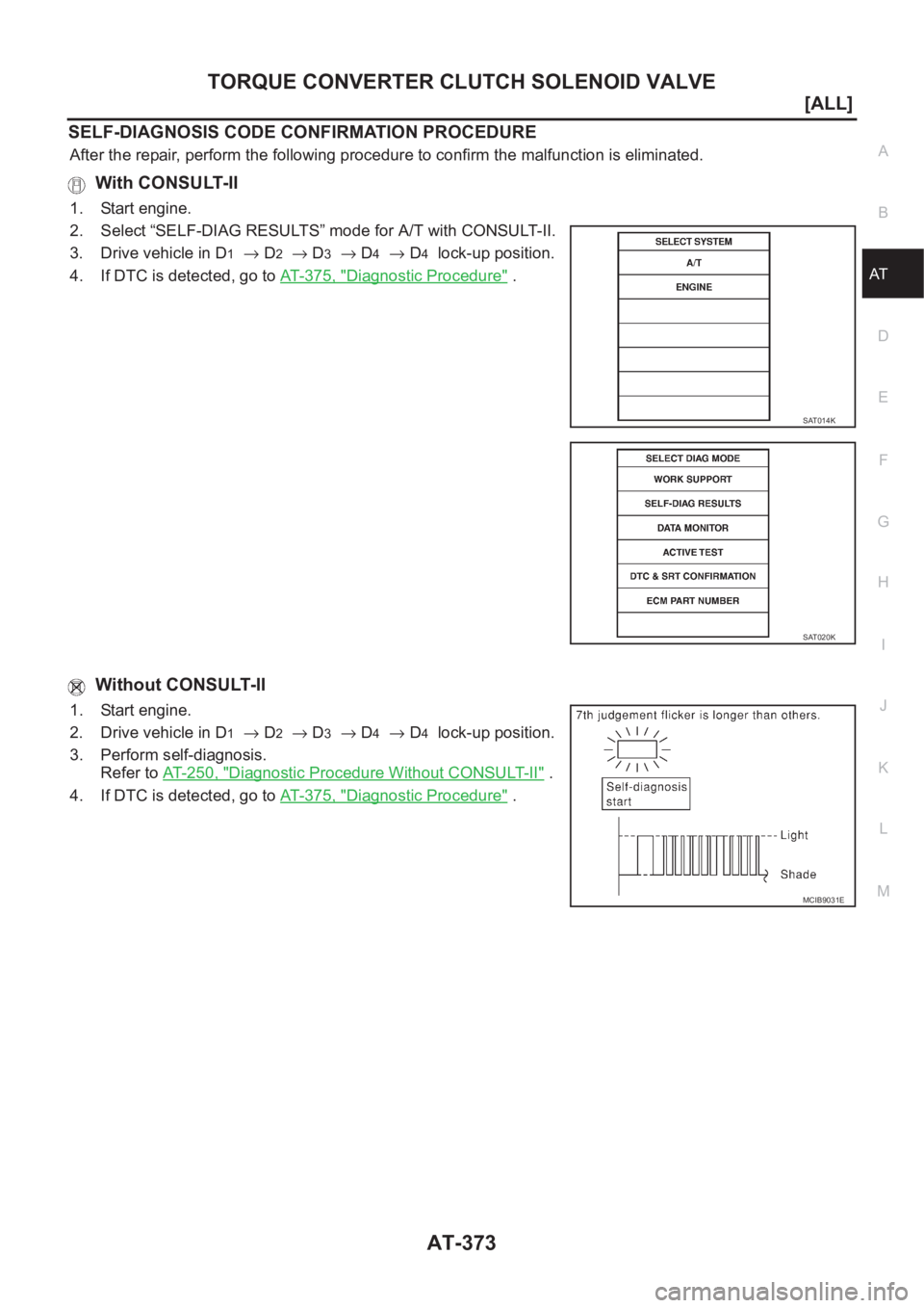 NISSAN ALMERA N16 2003  Electronic Repair Manual TORQUE CONVERTER CLUTCH SOLENOID VALVE
AT-373
[ALL]
D
E
F
G
H
I
J
K
L
MA
B
AT
SELF-DIAGNOSIS CODE CONFIRMATION PROCEDURE
After the repair, perform the following procedure to confirm the malfunction is