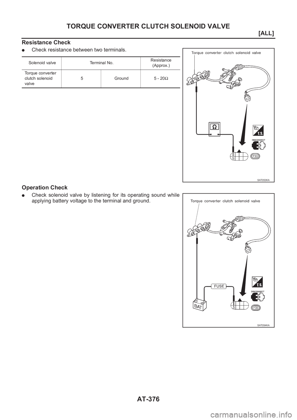 NISSAN ALMERA N16 2003  Electronic Repair Manual AT-376
[ALL]
TORQUE CONVERTER CLUTCH SOLENOID VALVE
Resistance Check
●Check resistance between two terminals.
Operation Check
●Check  solenoid  valve  by  listening  for  its  operating  sound  wh