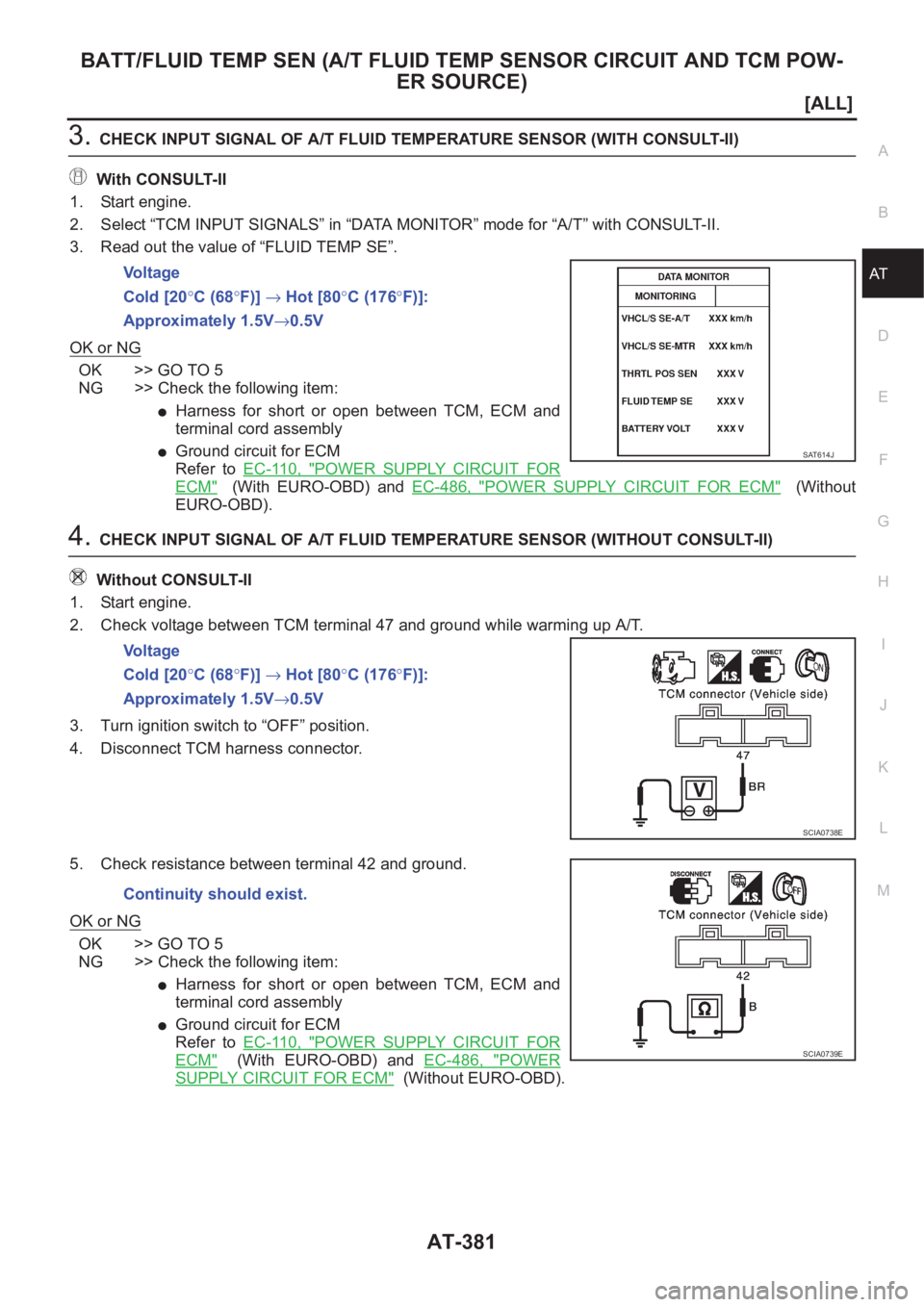 NISSAN ALMERA N16 2003  Electronic Repair Manual BATT/FLUID TEMP SEN (A/T FLUID TEMP SENSOR CIRCUIT AND TCM POW-
ER SOURCE)
AT-381
[ALL]
D
E
F
G
H
I
J
K
L
MA
B
AT
3.CHECK INPUT SIGNAL OF A/T FLUID TEMPERATURE SENSOR (WITH CONSULT-II)
With CONSULT-II