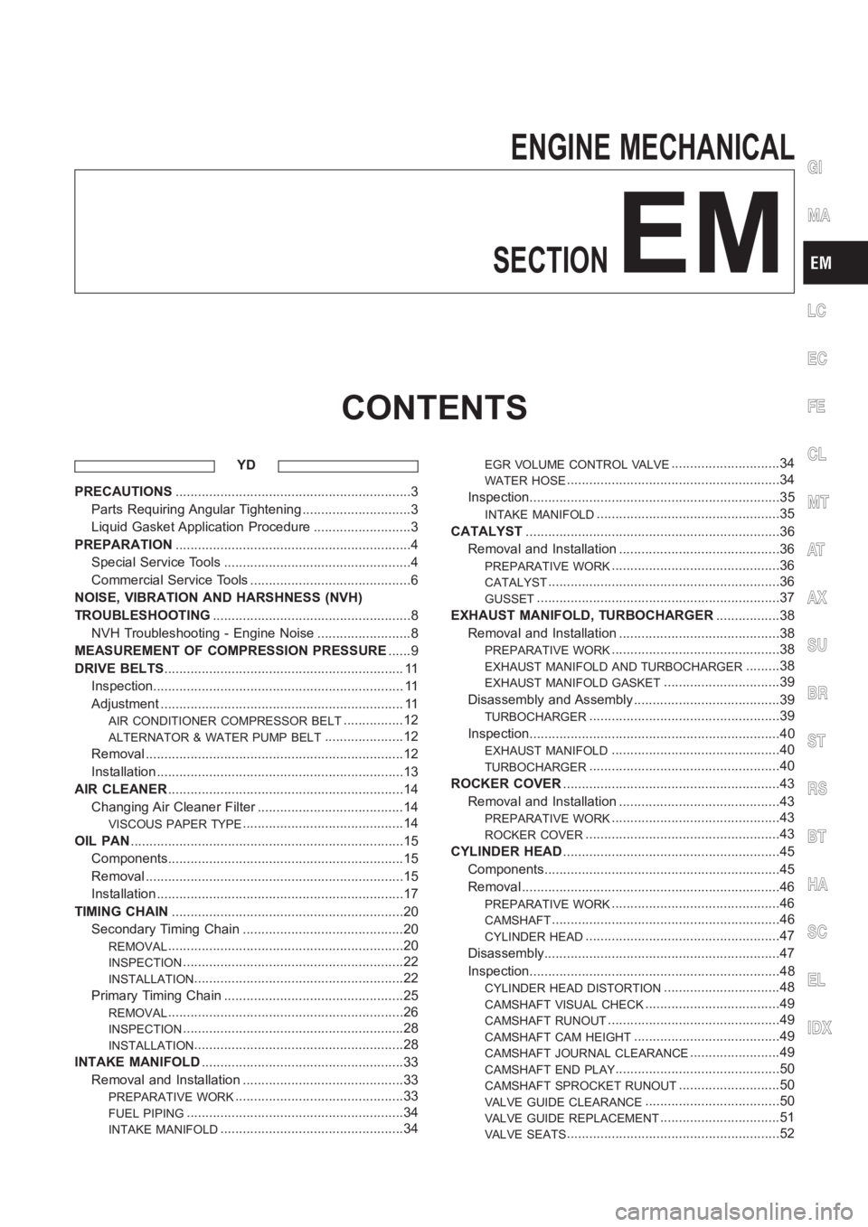 NISSAN ALMERA N16 2003  Electronic Repair Manual ENGINE MECHANICAL
SECTION
EM
CONTENTS
YD
PRECAUTIONS<001100110011001100110011001100110011001100110011001100110011001100110011001100110011001100110011001100110011001100110011001100110011001100110011001