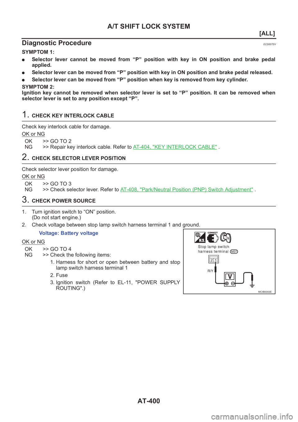 NISSAN ALMERA N16 2003  Electronic Repair Manual AT-400
[ALL]
A/T SHIFT LOCK SYSTEM
Diagnostic Procedure
ECS007SV
SYMPTOM 1:
●Selector  lever  cannot  be  moved  from  “P”  position  with  key  in  ON position and brake pedal
applied.
●Selec
