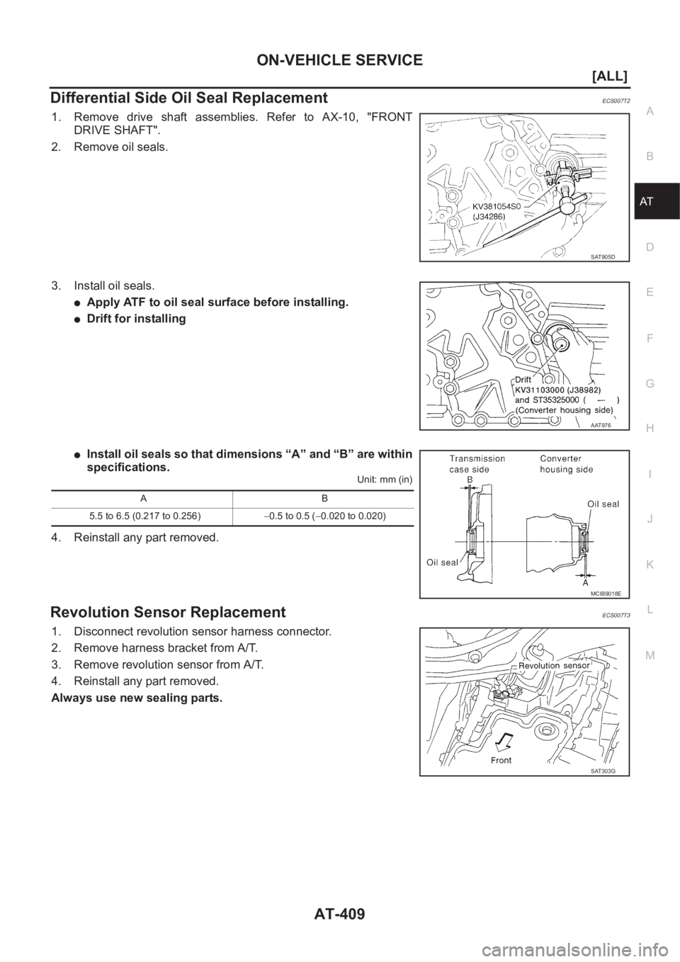 NISSAN ALMERA N16 2003  Electronic Repair Manual ON-VEHICLE SERVICE
AT-409
[ALL]
D
E
F
G
H
I
J
K
L
MA
B
AT
Differential Side Oil Seal ReplacementECS007T2
1. Remove drive shaft assemblies. Refer to AX-10, "FRONT
DRIVE SHAFT".
2. Remove oil se