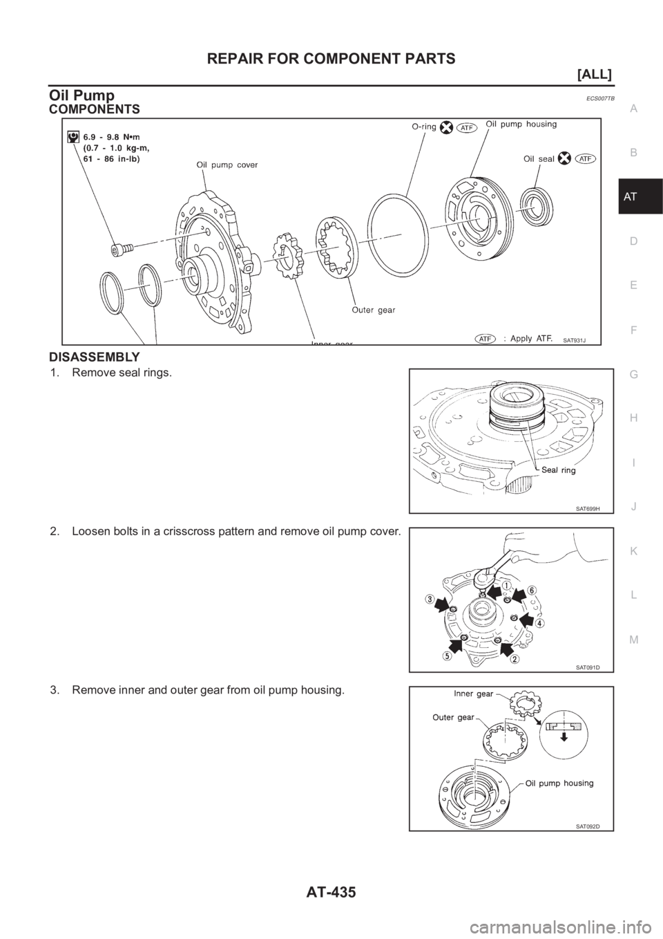 NISSAN ALMERA N16 2003  Electronic Repair Manual REPAIR FOR COMPONENT PARTS
AT-435
[ALL]
D
E
F
G
H
I
J
K
L
MA
B
AT
Oil PumpECS007TB
COMPONENTS
DISASSEMBLY
1. Remove seal rings.
2. Loosen bolts in a crisscross pattern and remove oil pump cover.
3. Re