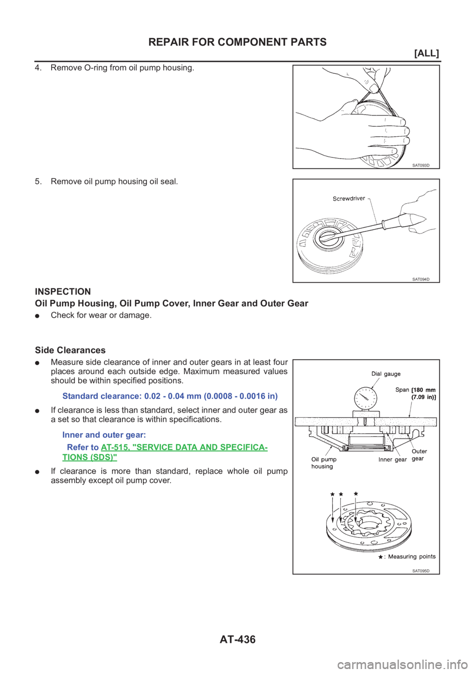 NISSAN ALMERA N16 2003  Electronic Repair Manual AT-436
[ALL]
REPAIR FOR COMPONENT PARTS
4. Remove O-ring from oil pump housing.
5. Remove oil pump housing oil seal.
INSPECTION
Oil Pump Housing, Oil Pump Cover, Inner Gear and Outer Gear
●Check for