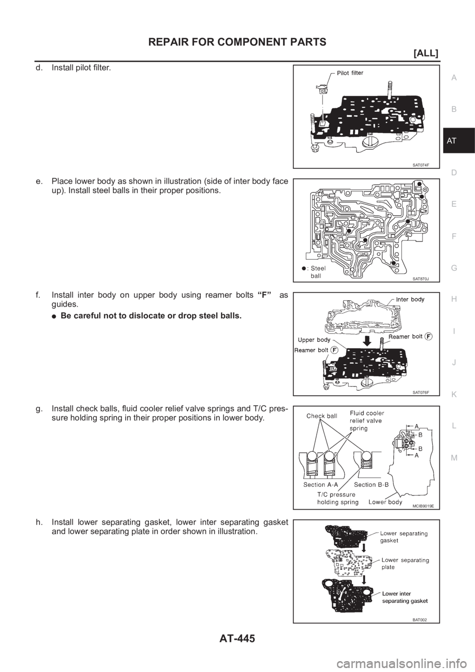 NISSAN ALMERA N16 2003  Electronic Repair Manual REPAIR FOR COMPONENT PARTS
AT-445
[ALL]
D
E
F
G
H
I
J
K
L
MA
B
AT
d. Install pilot filter.
e. Place lower body as shown in illustration (side of inter body face
up). Install steel balls in their prope