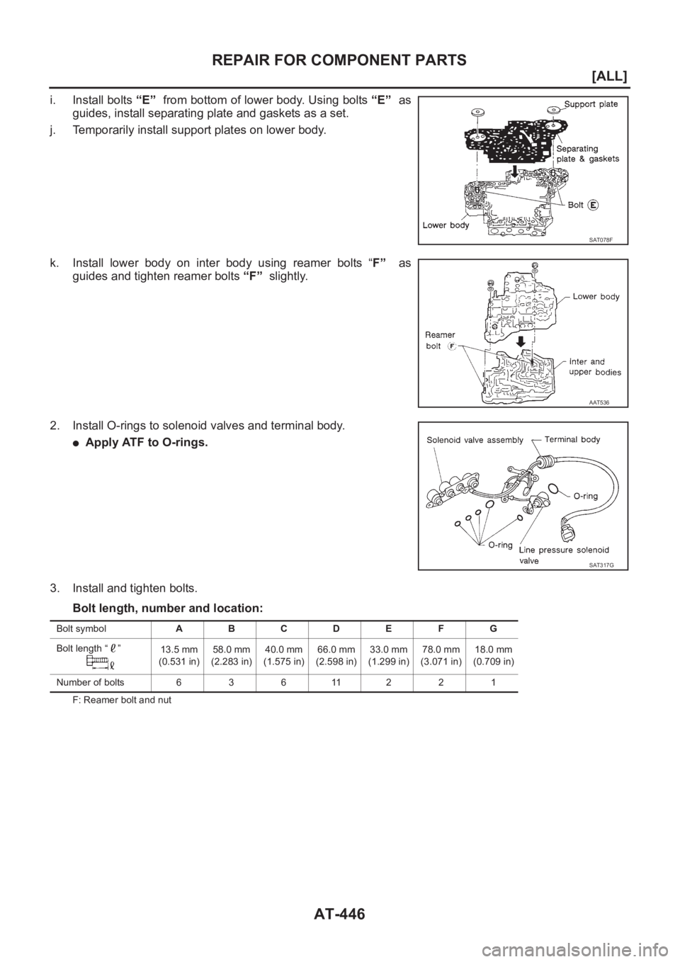 NISSAN ALMERA N16 2003  Electronic Repair Manual AT-446
[ALL]
REPAIR FOR COMPONENT PARTS
i. Install bolts “E”  from bottom of lower body. Using bolts “E”  as
guides, install separating plate and gaskets as a set.
j. Temporarily install suppo