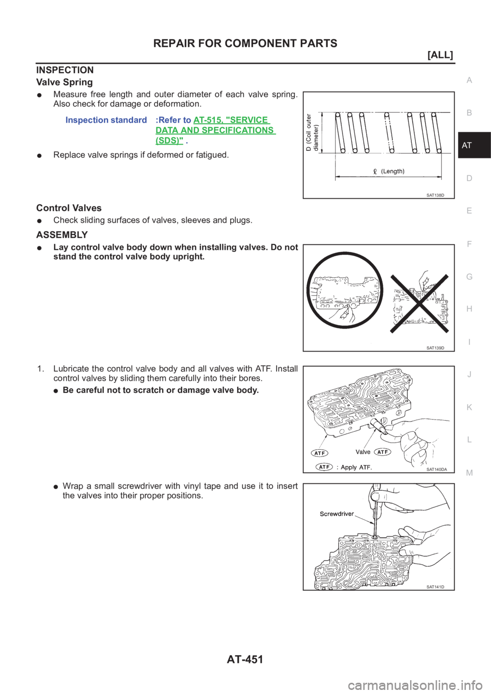 NISSAN ALMERA N16 2003  Electronic Repair Manual REPAIR FOR COMPONENT PARTS
AT-451
[ALL]
D
E
F
G
H
I
J
K
L
MA
B
AT
INSPECTION
Valve Spring
●Measure  free  length  and  outer  diameter  of  each  valve  spring.
Also check for damage or deformation.