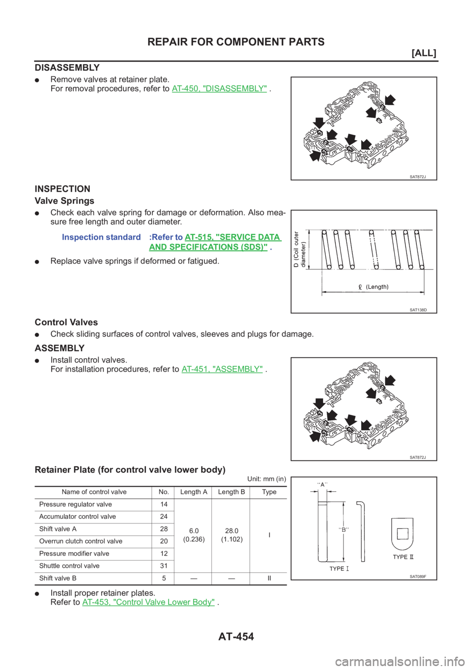 NISSAN ALMERA N16 2003  Electronic Repair Manual AT-454
[ALL]
REPAIR FOR COMPONENT PARTS
DISASSEMBLY
●Remove valves at retainer plate.
For removal procedures, refer to AT-450, "
DISASSEMBLY" .
INSPECTION
Valve Springs
●Check each valve s