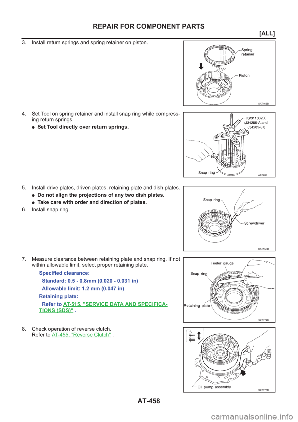 NISSAN ALMERA N16 2003  Electronic Repair Manual AT-458
[ALL]
REPAIR FOR COMPONENT PARTS
3. Install return springs and spring retainer on piston.
4. Set Tool on spring retainer and install snap ring while compress-
ing return springs.
●Set Tool di