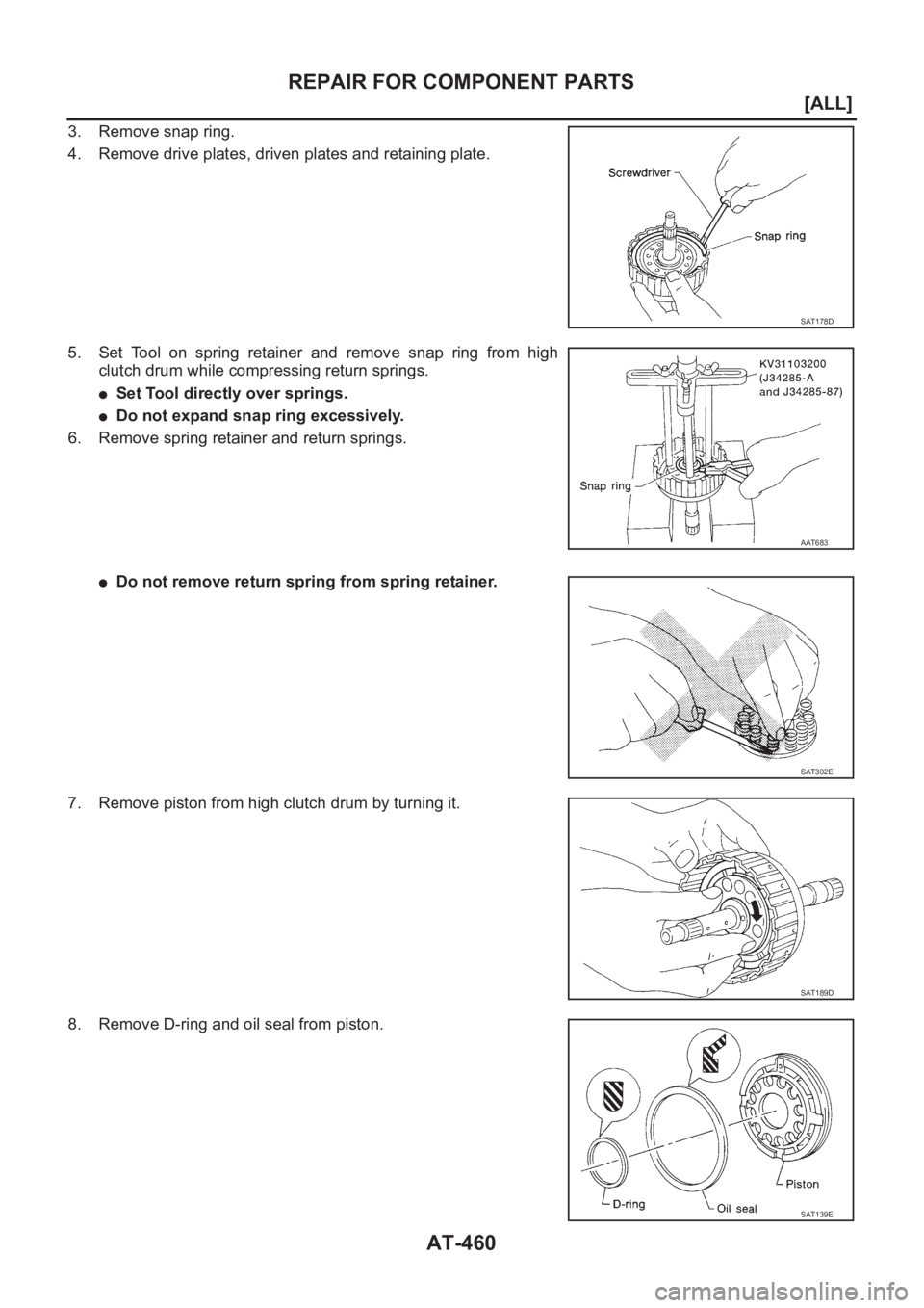 NISSAN ALMERA N16 2003  Electronic Repair Manual AT-460
[ALL]
REPAIR FOR COMPONENT PARTS
3. Remove snap ring.
4. Remove drive plates, driven plates and retaining plate.
5. Set  Tool  on  spring  retainer  and  remove  snap  ring  from  high
clutch d