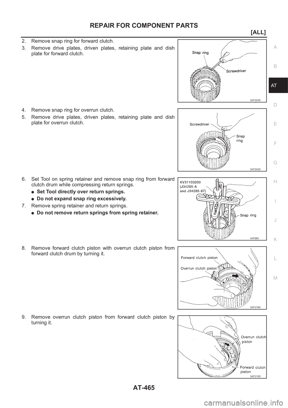 NISSAN ALMERA N16 2003  Electronic Repair Manual REPAIR FOR COMPONENT PARTS
AT-465
[ALL]
D
E
F
G
H
I
J
K
L
MA
B
AT
2. Remove snap ring for forward clutch.
3. Remove  drive  plates,  driven  plates,  retaining  plate  and  dish
plate for forward clut
