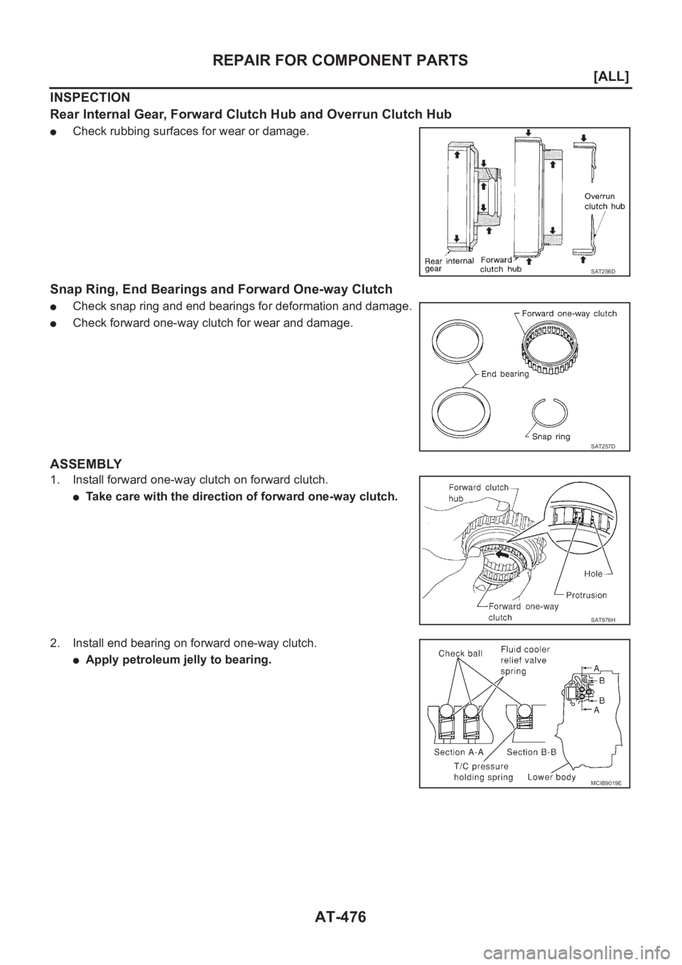 NISSAN ALMERA N16 2003  Electronic Repair Manual AT-476
[ALL]
REPAIR FOR COMPONENT PARTS
INSPECTION
Rear Internal Gear, Forward Clutch Hub and Overrun Clutch Hub
●Check rubbing surfaces for wear or damage.
Snap Ring, End Bearings and Forward One-w