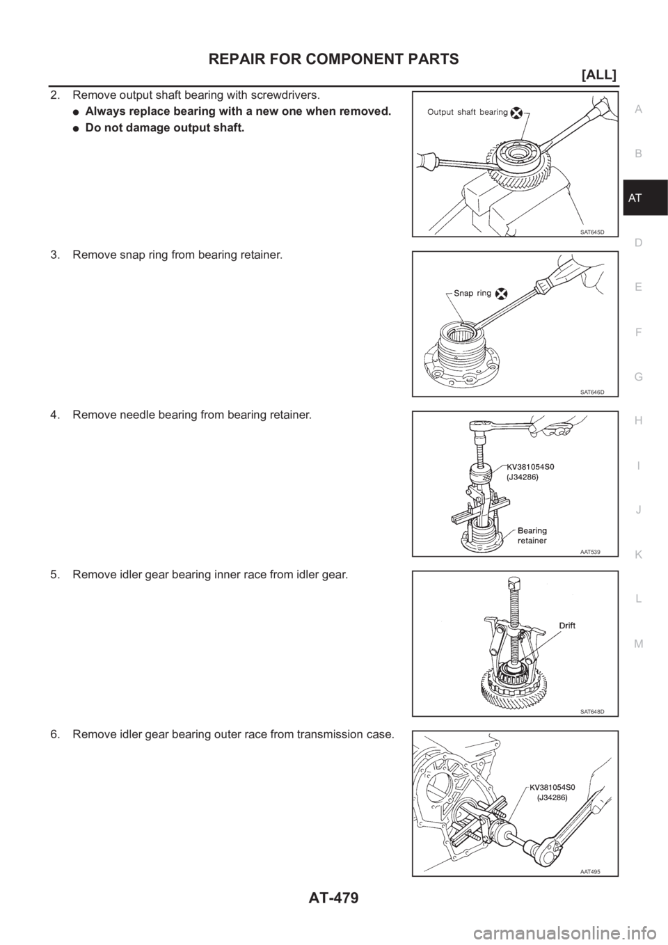 NISSAN ALMERA N16 2003  Electronic Repair Manual REPAIR FOR COMPONENT PARTS
AT-479
[ALL]
D
E
F
G
H
I
J
K
L
MA
B
AT
2. Remove output shaft bearing with screwdrivers.
●Always replace bearing with a new one when removed.
●Do not damage output shaft