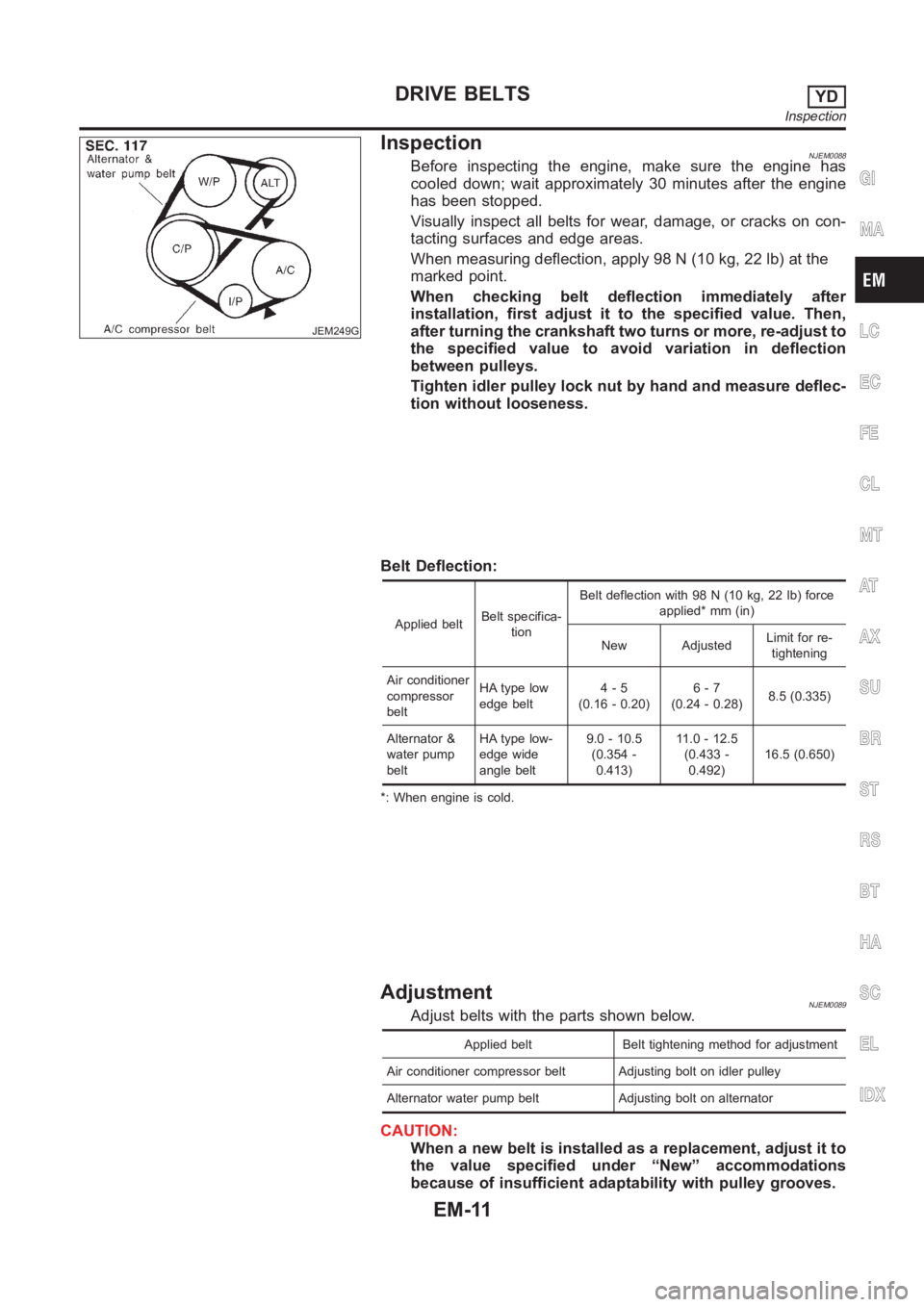 NISSAN ALMERA N16 2003 Electronic Repair Manual JEM249G
InspectionNJEM0088Before inspecting the engine, make sure the engine has
cooled down; wait approximately 30 minutes after the engine
has been stopped.
Visually inspect all belts for wear, dama NISSAN ALMERA N16 2003 Electronic Repair Manual JEM249G
InspectionNJEM0088Before inspecting the engine, make sure the engine has
cooled down; wait approximately 30 minutes after the engine
has been stopped.
Visually inspect all belts for wear, dama