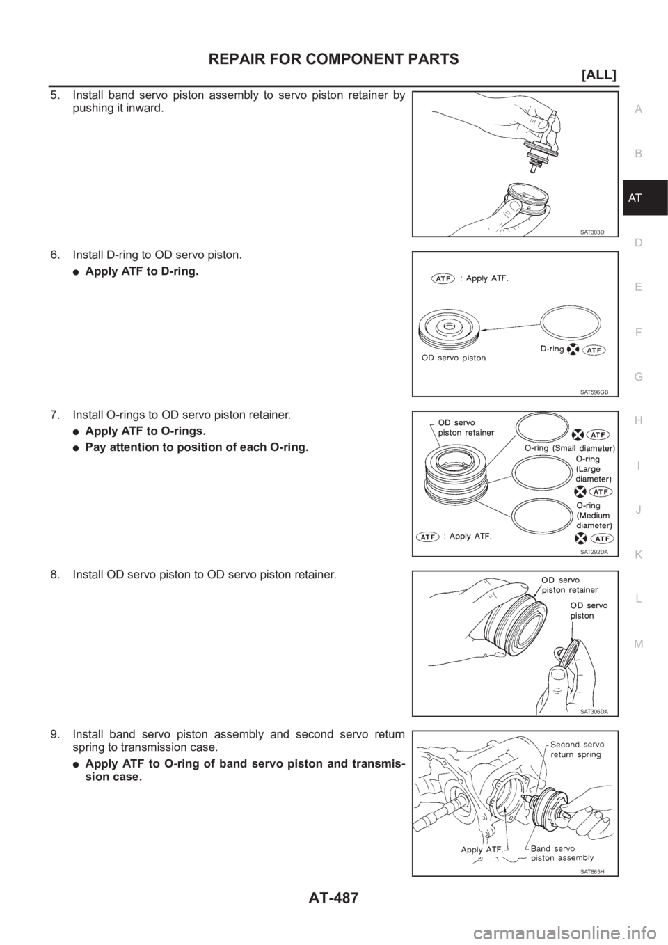 NISSAN ALMERA N16 2003  Electronic Repair Manual REPAIR FOR COMPONENT PARTS
AT-487
[ALL]
D
E
F
G
H
I
J
K
L
MA
B
AT
5. Install  band  servo  piston  assembly  to  servo  piston  retainer  by
pushing it inward.
6. Install D-ring to OD servo piston.
