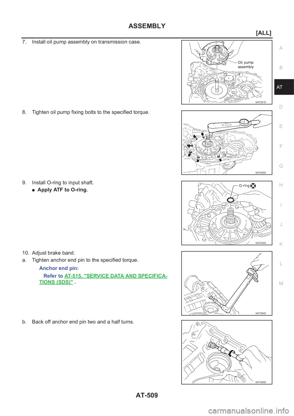 NISSAN ALMERA N16 2003  Electronic Repair Manual ASSEMBLY
AT-509
[ALL]
D
E
F
G
H
I
J
K
L
MA
B
AT
7. Install oil pump assembly on transmission case.
8. Tighten oil pump fixing bolts to the specified torque.
9. Install O-ring to input shaft.
●Apply 