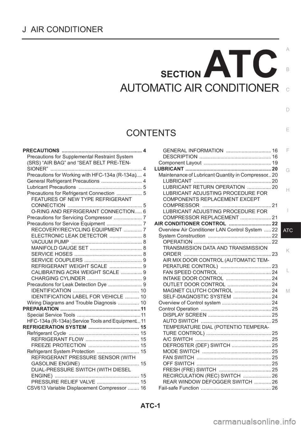 NISSAN ALMERA N16 2003 Electronic Repair Manual ATC-1
AUTOMATIC AIR CONDITIONER
J AIR CONDITIONER
CONTENTS
C
D
E
F
G
H
I
K
L
M
SECTION
A
B
AT C
AUTOMATIC AIR CONDITIONER
PRECAUTIONS .......................................................... 4
Pre NISSAN ALMERA N16 2003 Electronic Repair Manual ATC-1
AUTOMATIC AIR CONDITIONER
J AIR CONDITIONER
CONTENTS
C
D
E
F
G
H
I
K
L
M
SECTION
A
B
AT C
AUTOMATIC AIR CONDITIONER
PRECAUTIONS .......................................................... 4
Pre