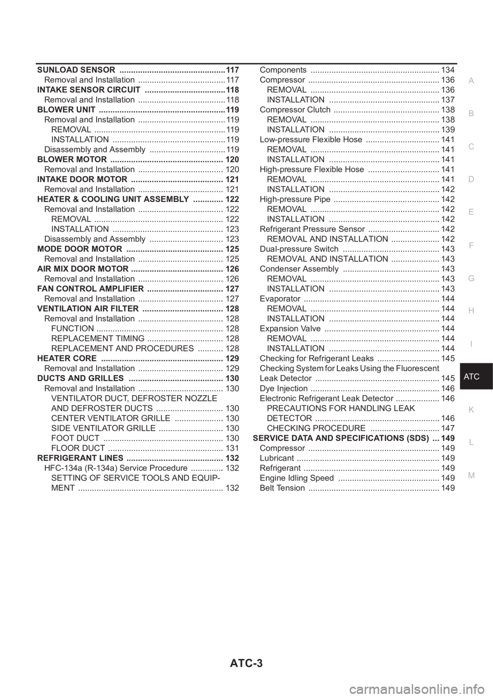 NISSAN ALMERA N16 2003 Electronic Repair Manual ATC-3
C
D
E
F
G
H
I
K
L
MA
B
AT C SUNLOAD SENSOR ...............................................117
Removal and Installation ....................................... 117
INTAKE SENSOR CIRCUIT ...... NISSAN ALMERA N16 2003 Electronic Repair Manual ATC-3
C
D
E
F
G
H
I
K
L
MA
B
AT C SUNLOAD SENSOR ...............................................117
Removal and Installation ....................................... 117
INTAKE SENSOR CIRCUIT ......