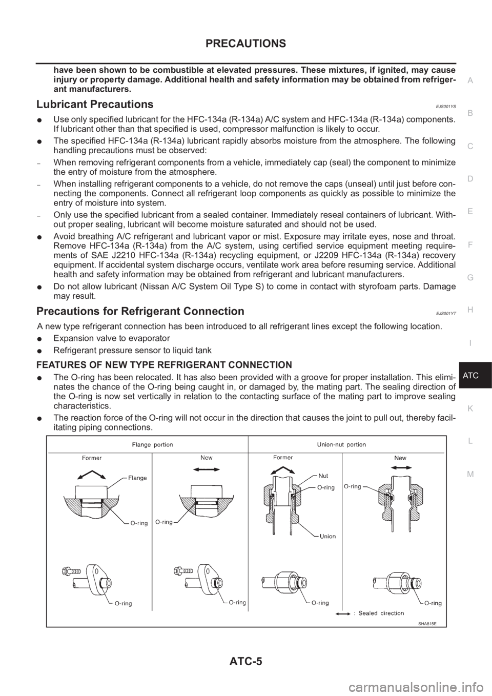 NISSAN ALMERA N16 2003  Electronic Repair Manual PRECAUTIONS
ATC-5
C
D
E
F
G
H
I
K
L
MA
B
AT C
have been shown to be combustible at elevated pressures. These mixtures, if ignited, may cause
injury or property damage. Additional health and safety inf