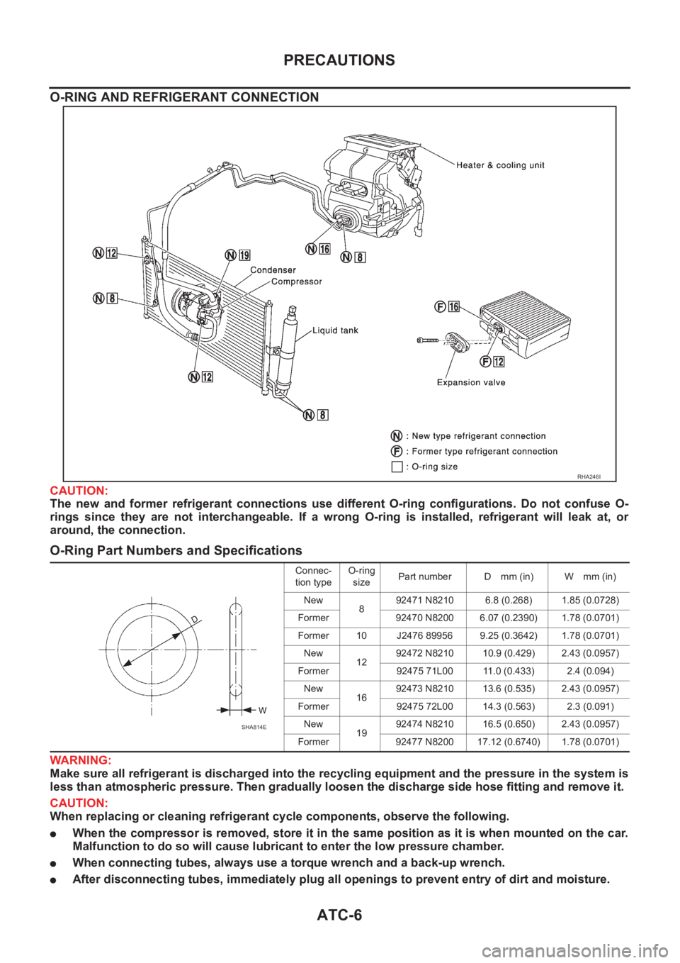 NISSAN ALMERA N16 2003  Electronic Repair Manual ATC-6
PRECAUTIONS
O-RING AND REFRIGERANT CONNECTION
CAUTION:
The  new  and  former  refrigerant  connections  use  different  O-ring  configurations.  Do  not  confuse  O-
rings  since  they  are  not