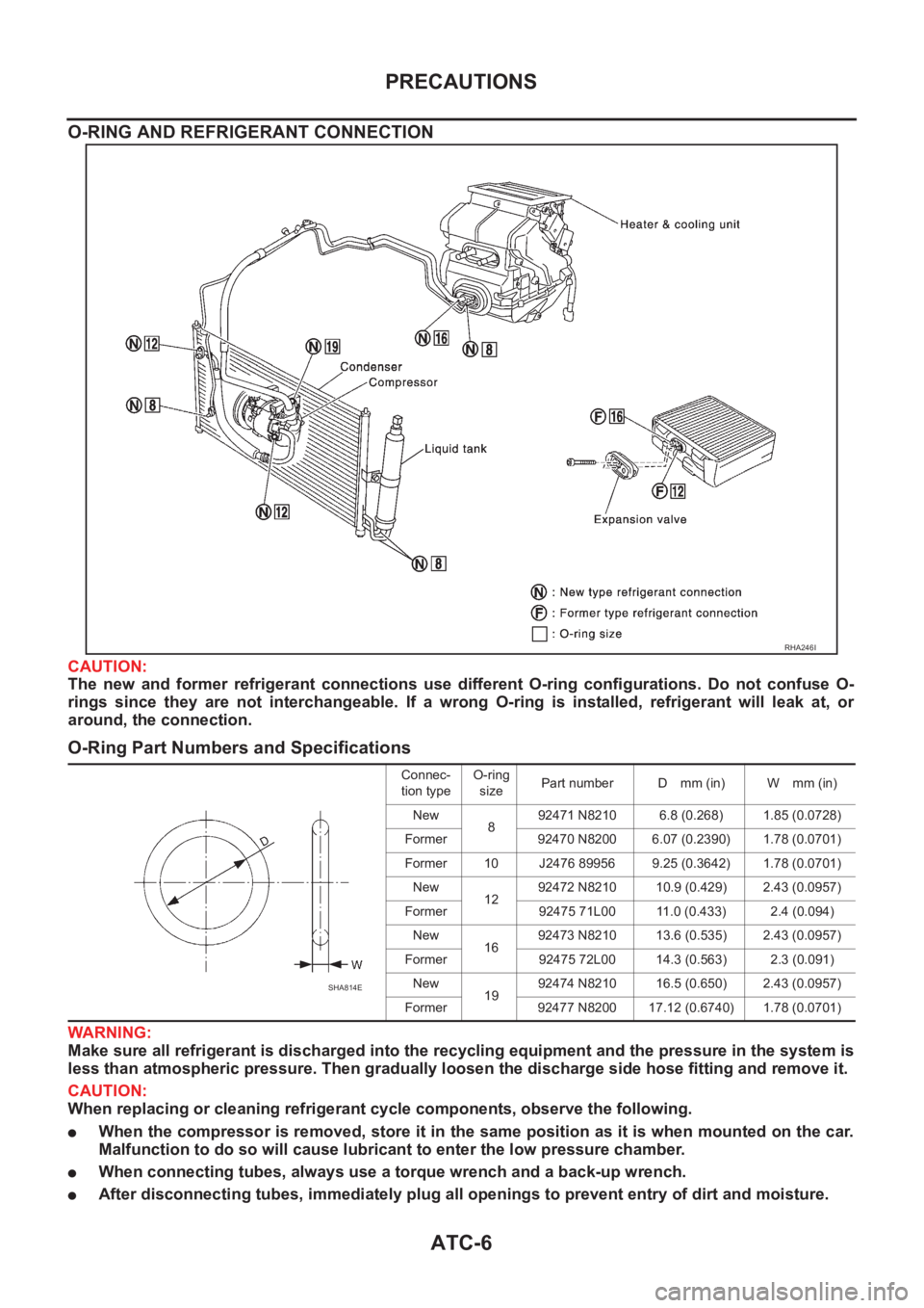 NISSAN ALMERA N16 2003 Electronic Repair Manual ATC-6
PRECAUTIONS
O-RING AND REFRIGERANT CONNECTION
CAUTION:
The new and former refrigerant connections use different O-ring configurations. Do not confuse O-
rings since they are not NISSAN ALMERA N16 2003 Electronic Repair Manual ATC-6
PRECAUTIONS
O-RING AND REFRIGERANT CONNECTION
CAUTION:
The new and former refrigerant connections use different O-ring configurations. Do not confuse O-
rings since they are not