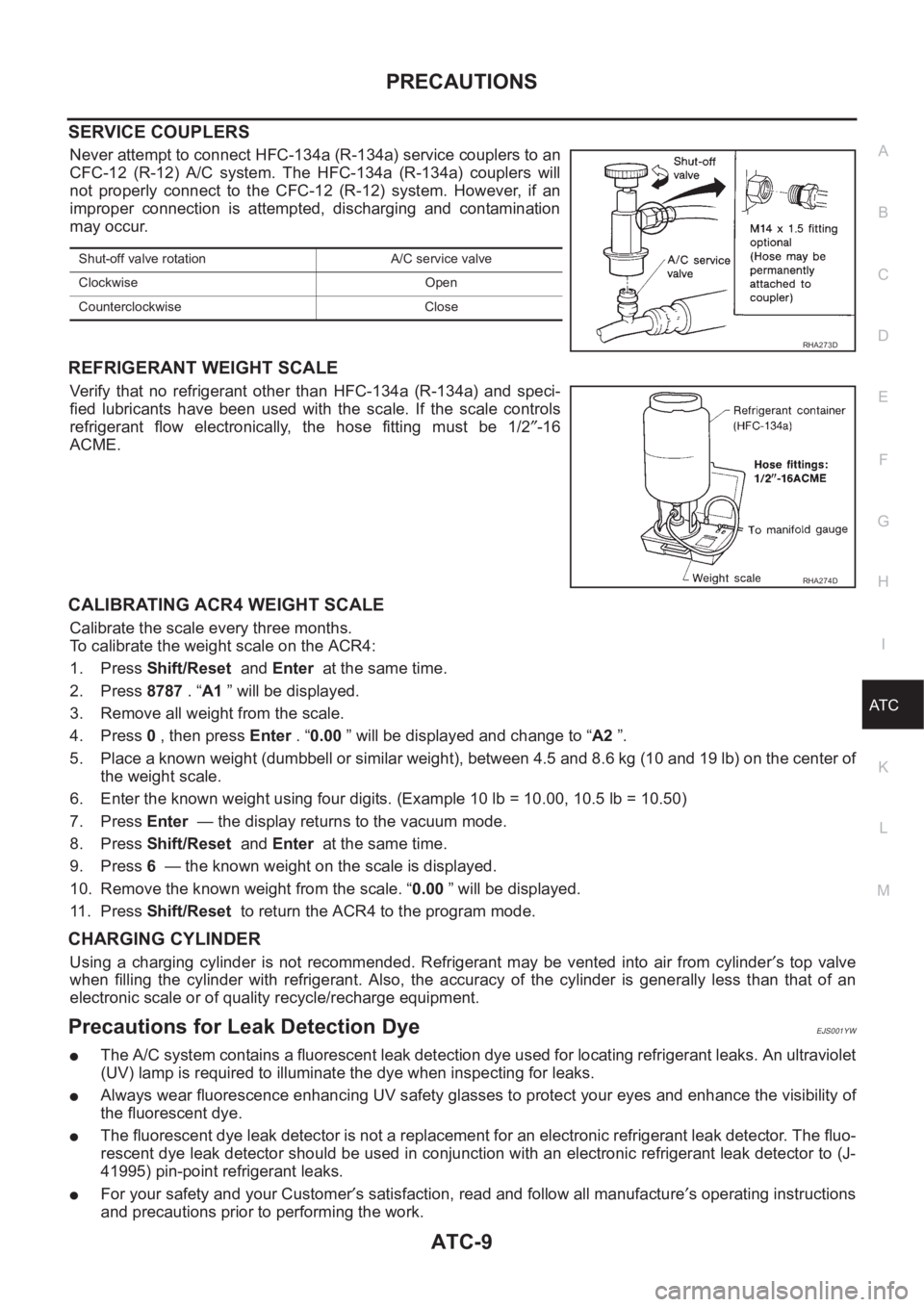 NISSAN ALMERA N16 2003 Electronic Repair Manual PRECAUTIONS
ATC-9
C
D
E
F
G
H
I
K
L
MA
B
AT C
SERVICE COUPLERS
Never attempt to connect HFC-134a (R-134a) service couplers to an
CFC-12 (R-12) A/C system. The HFC-134a (R-134a) couplers will
n NISSAN ALMERA N16 2003 Electronic Repair Manual PRECAUTIONS
ATC-9
C
D
E
F
G
H
I
K
L
MA
B
AT C
SERVICE COUPLERS
Never attempt to connect HFC-134a (R-134a) service couplers to an
CFC-12 (R-12) A/C system. The HFC-134a (R-134a) couplers will
n