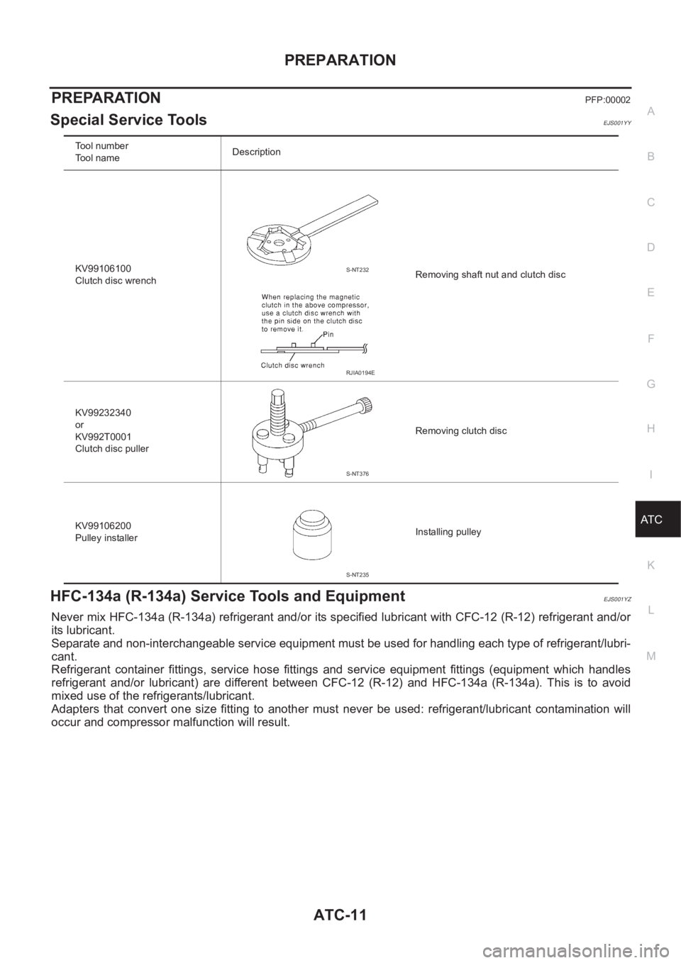NISSAN ALMERA N16 2003 Electronic Repair Manual PREPARATION
ATC-11
C
D
E
F
G
H
I
K
L
MA
B
AT C
PREPARATIONPFP:00002
Special Service ToolsEJS001YY
HFC-134a (R-134a) Service Tools and EquipmentEJS001YZ
Never mix HFC-134a (R-134a) refrigerant and/or i NISSAN ALMERA N16 2003 Electronic Repair Manual PREPARATION
ATC-11
C
D
E
F
G
H
I
K
L
MA
B
AT C
PREPARATIONPFP:00002
Special Service ToolsEJS001YY
HFC-134a (R-134a) Service Tools and EquipmentEJS001YZ
Never mix HFC-134a (R-134a) refrigerant and/or i