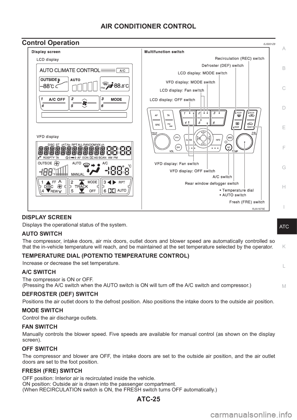 NISSAN ALMERA N16 2003 Electronic Repair Manual AIR CONDITIONER CONTROL
ATC-25
C
D
E
F
G
H
I
K
L
MA
B
AT C
Control OperationEJS001Z8
DISPLAY SCREEN
Displays the operational status of the system.
AUTO SWITCH
The compressor, intake doors, air mi NISSAN ALMERA N16 2003 Electronic Repair Manual AIR CONDITIONER CONTROL
ATC-25
C
D
E
F
G
H
I
K
L
MA
B
AT C
Control OperationEJS001Z8
DISPLAY SCREEN
Displays the operational status of the system.
AUTO SWITCH
The compressor, intake doors, air mi