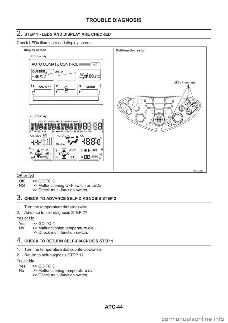 NISSAN ALMERA N16 2003 Electronic Repair Manual ATC-44
TROUBLE DIAGNOSIS
2. STEP 1 - LEDS AND DISPLAY ARE CHECKED
Check LEDs illuminate and display screen.
OK or NG
OK >> GO TO 3.
NG >> Malfunctioning OFF switch or LEDs.
>> Check multi-function swi NISSAN ALMERA N16 2003 Electronic Repair Manual ATC-44
TROUBLE DIAGNOSIS
2. STEP 1 - LEDS AND DISPLAY ARE CHECKED
Check LEDs illuminate and display screen.
OK or NG
OK >> GO TO 3.
NG >> Malfunctioning OFF switch or LEDs.
>> Check multi-function swi