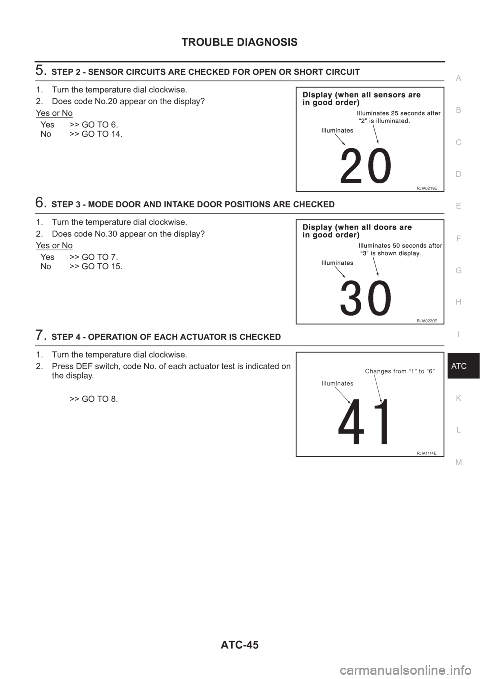 NISSAN ALMERA N16 2003 Electronic Repair Manual TROUBLE DIAGNOSIS
ATC-45
C
D
E
F
G
H
I
K
L
MA
B
AT C
5.STEP 2 - SENSOR CIRCUITS ARE CHECKED FOR OPEN OR SHORT CIRCUIT
1. Turn the temperature dial clockwise.
2. Does code No.20 appear on the display?
NISSAN ALMERA N16 2003 Electronic Repair Manual TROUBLE DIAGNOSIS
ATC-45
C
D
E
F
G
H
I
K
L
MA
B
AT C
5.STEP 2 - SENSOR CIRCUITS ARE CHECKED FOR OPEN OR SHORT CIRCUIT
1. Turn the temperature dial clockwise.
2. Does code No.20 appear on the display?