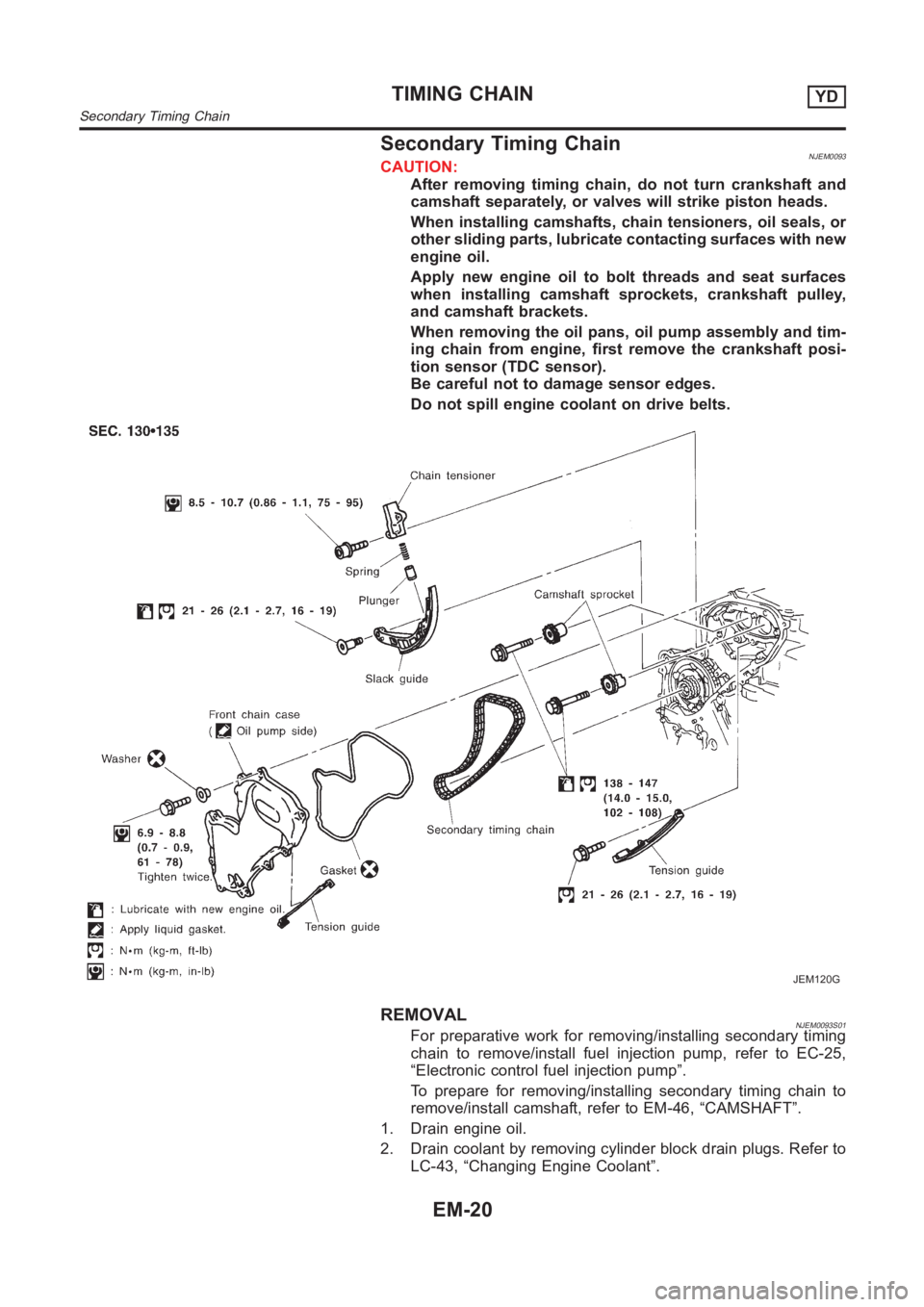 NISSAN ALMERA N16 2003  Electronic Repair Manual Secondary Timing ChainNJEM0093CAUTION:
After removing timing chain, do not turn crankshaft and
camshaft separately, or valves will strike piston heads.
When installing camshafts, chain tensioners, oil