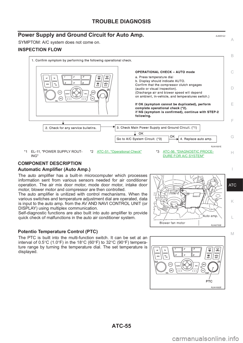 NISSAN ALMERA N16 2003 Electronic Repair Manual TROUBLE DIAGNOSIS
ATC-55
C
D
E
F
G
H
I
K
L
MA
B
AT C
Power Supply and Ground Circuit for Auto Amp.EJS001ZJ
SYMPTOM: A/C system does not come on.
INSPECTION FLOW
COMPONENT DESCRIPTION
Automatic Amplifi NISSAN ALMERA N16 2003 Electronic Repair Manual TROUBLE DIAGNOSIS
ATC-55
C
D
E
F
G
H
I
K
L
MA
B
AT C
Power Supply and Ground Circuit for Auto Amp.EJS001ZJ
SYMPTOM: A/C system does not come on.
INSPECTION FLOW
COMPONENT DESCRIPTION
Automatic Amplifi
