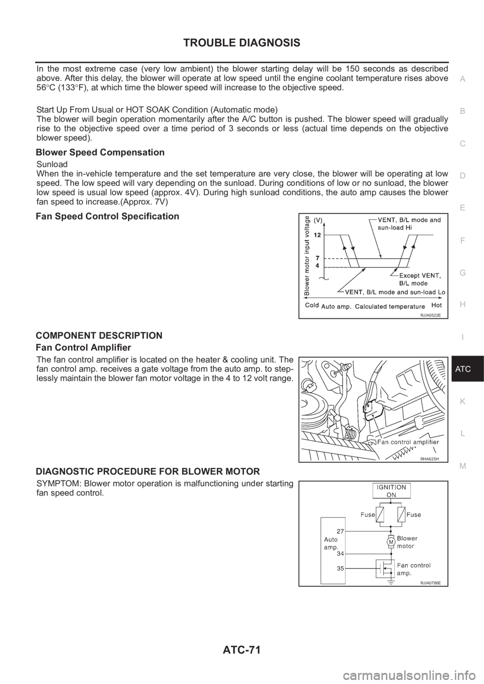 NISSAN ALMERA N16 2003 Electronic Repair Manual TROUBLE DIAGNOSIS
ATC-71
C
D
E
F
G
H
I
K
L
MA
B
AT C
In the most extreme case (very low ambient) the blower starting delay will be 150 seconds as described
above. After this delay, th NISSAN ALMERA N16 2003 Electronic Repair Manual TROUBLE DIAGNOSIS
ATC-71
C
D
E
F
G
H
I
K
L
MA
B
AT C
In the most extreme case (very low ambient) the blower starting delay will be 150 seconds as described
above. After this delay, th