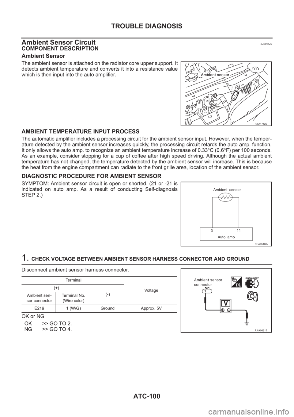 NISSAN ALMERA N16 2003 Electronic Repair Manual ATC-100
TROUBLE DIAGNOSIS
Ambient Sensor Circuit
EJS001ZV
COMPONENT DESCRIPTION
Ambient Sensor
The ambient sensor is attached on the radiator core upper support. It
detects ambient temperature and NISSAN ALMERA N16 2003 Electronic Repair Manual ATC-100
TROUBLE DIAGNOSIS
Ambient Sensor Circuit
EJS001ZV
COMPONENT DESCRIPTION
Ambient Sensor
The ambient sensor is attached on the radiator core upper support. It
detects ambient temperature and