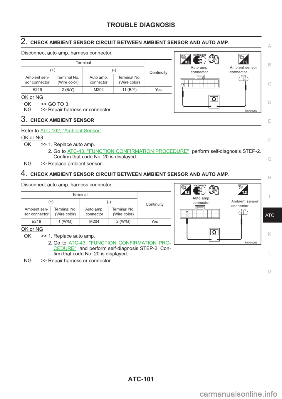 NISSAN ALMERA N16 2003  Electronic Repair Manual TROUBLE DIAGNOSIS
ATC-101
C
D
E
F
G
H
I
K
L
MA
B
AT C
2.CHECK AMBIENT SENSOR CIRCUIT BETWEEN AMBIENT SENSOR AND AUTO AMP.
Disconnect auto amp. harness connector.
OK or NG
OK >> GO TO 3.
NG >> Repair h