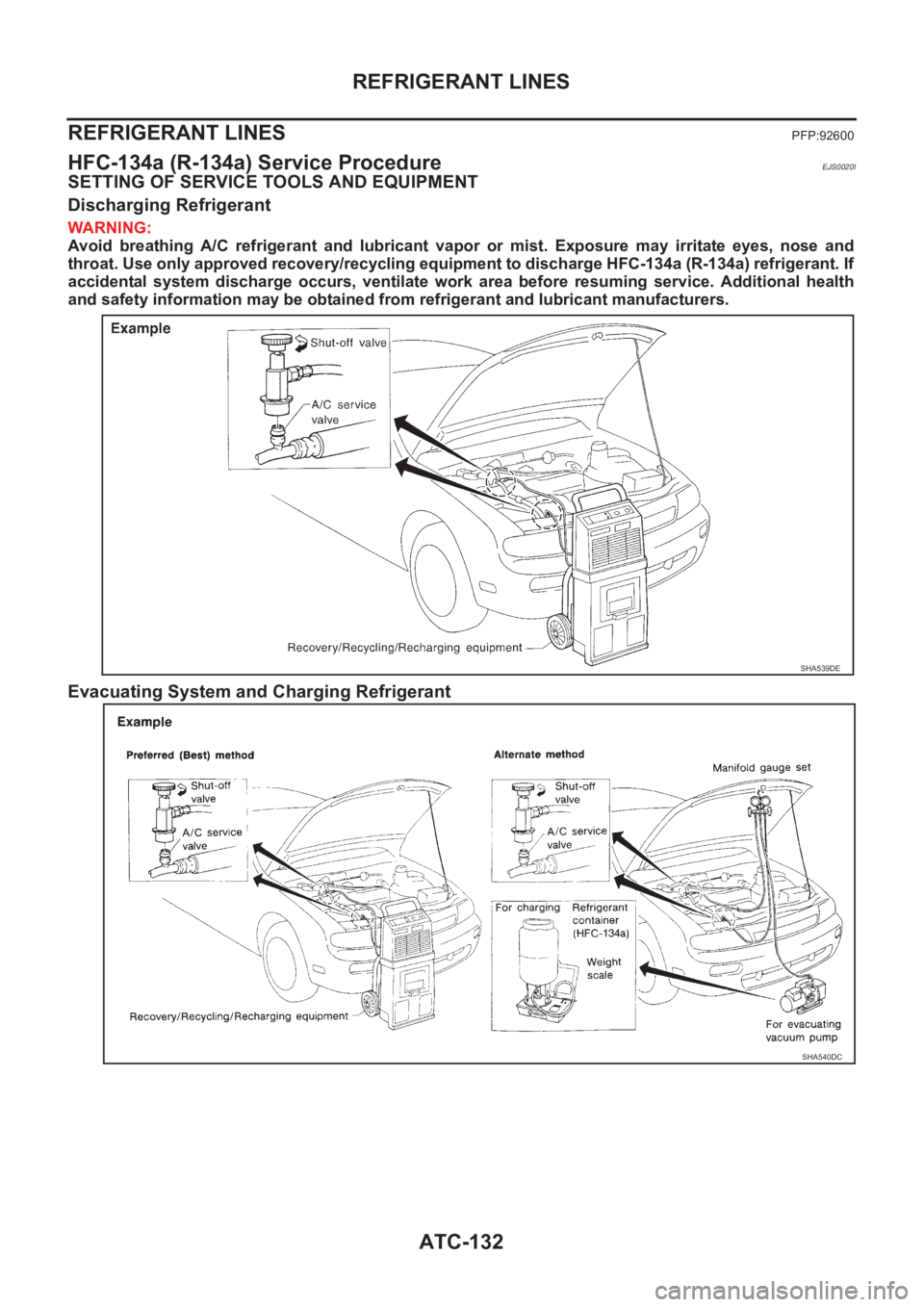 NISSAN ALMERA N16 2003  Electronic Repair Manual ATC-132
REFRIGERANT LINES
REFRIGERANT LINES
PFP:92600
HFC-134a (R-134a) Service ProcedureEJS0020I
SETTING OF SERVICE TOOLS AND EQUIPMENT
Discharging Refrigerant
WARNING:
Avoid  breathing  A/C  refrige