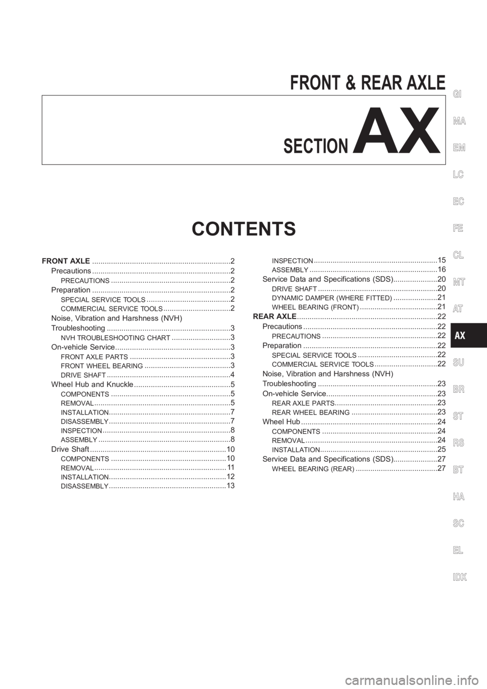 NISSAN ALMERA N16 2003 Electronic Repair Manual FRONT & REAR AXLE
SECTION
AX
CONTENTS
FRONT AXLE<0011001100110011001100110011001100110011001100110011001100110011001100110011001100110011001100110011001100110011001100110011001100110011001100110011001 NISSAN ALMERA N16 2003 Electronic Repair Manual FRONT & REAR AXLE
SECTION
AX
CONTENTS
FRONT AXLE<0011001100110011001100110011001100110011001100110011001100110011001100110011001100110011001100110011001100110011001100110011001100110011001100110011001