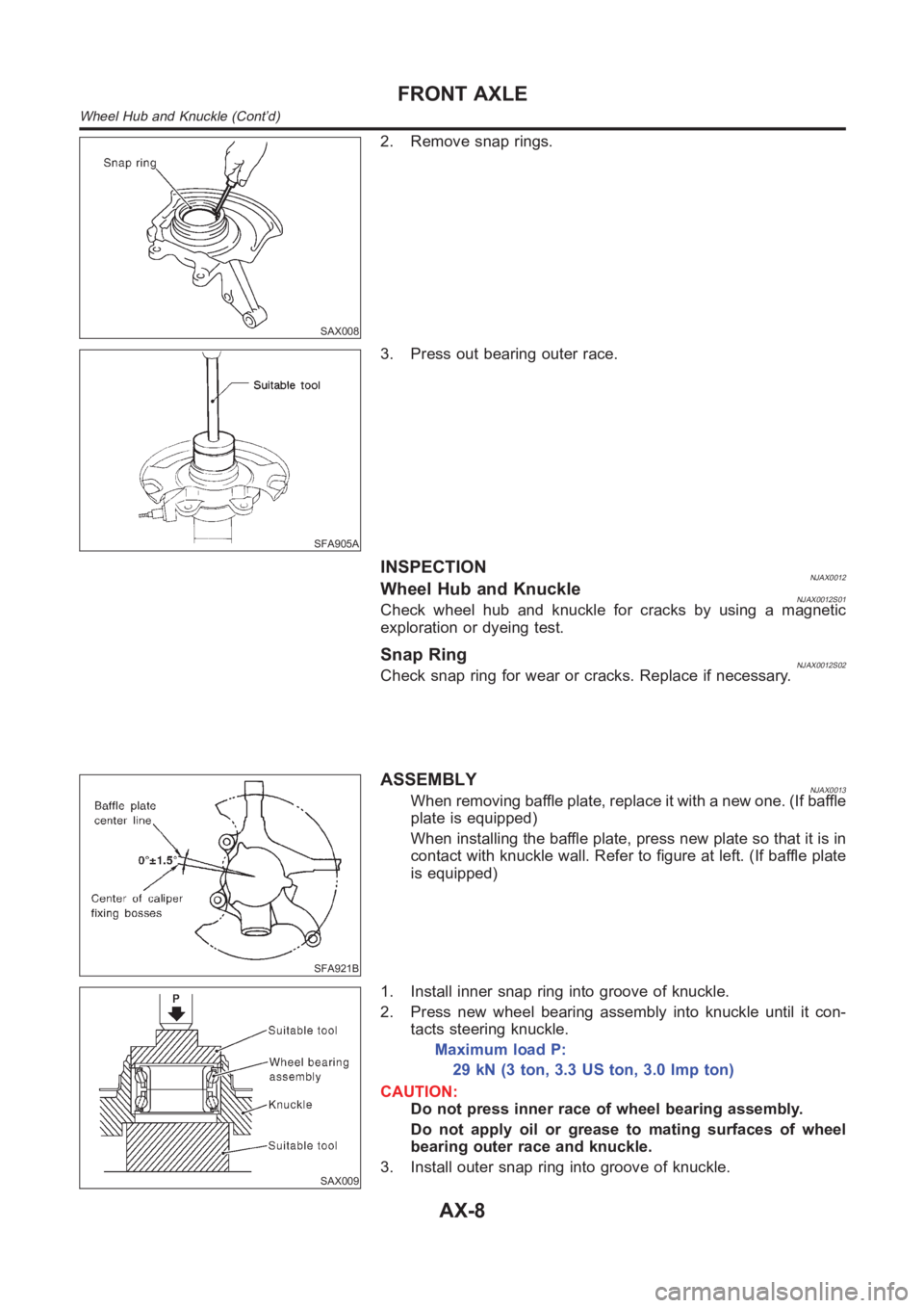 NISSAN ALMERA N16 2003 Electronic Repair Manual SAX008
2. Remove snap rings.
SFA905A
3. Press out bearing outer race.
INSPECTIONNJAX0012Wheel Hub and KnuckleNJAX0012S01Check wheel hub and knuckle for cracks by using a magnetic
exploration or dyeing NISSAN ALMERA N16 2003 Electronic Repair Manual SAX008
2. Remove snap rings.
SFA905A
3. Press out bearing outer race.
INSPECTIONNJAX0012Wheel Hub and KnuckleNJAX0012S01Check wheel hub and knuckle for cracks by using a magnetic
exploration or dyeing