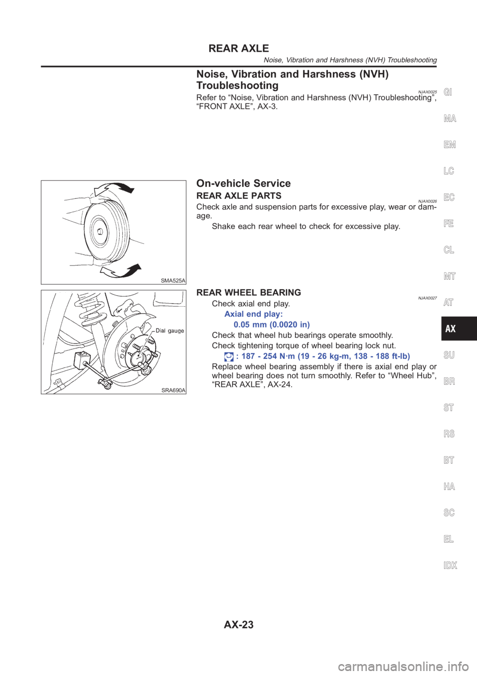 NISSAN ALMERA N16 2003  Electronic Repair Manual Noise, Vibration and Harshness (NVH)
Troubleshooting
NJAX0025Refer to “Noise, Vibration and Harshness (NVH) Troubleshooting”,
“FRONT AXLE”, AX-3.
SMA525A
On-vehicle Service
REAR AXLE PARTSNJAX