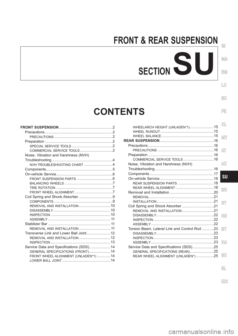 NISSAN ALMERA N16 2003 Electronic Repair Manual FRONT & REAR SUSPENSION
SECTION
SU
CONTENTS
FRONT SUSPENSION<0011001100110011001100110011001100110011001100110011001100110011001100110011001100110011001100110011001100110011001100110011001100110011001 NISSAN ALMERA N16 2003 Electronic Repair Manual FRONT & REAR SUSPENSION
SECTION
SU
CONTENTS
FRONT SUSPENSION<0011001100110011001100110011001100110011001100110011001100110011001100110011001100110011001100110011001100110011001100110011001100110011001