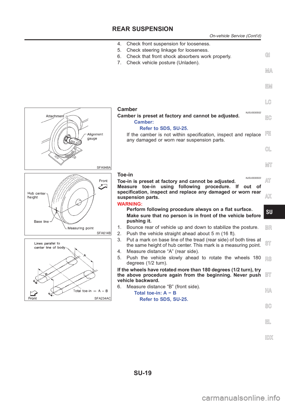 NISSAN ALMERA N16 2003  Electronic Repair Manual 4. Check front suspension for looseness.
5. Check steering linkage for looseness.
6. Check that front shock absorbers work properly.
7. Check vehicle posture (Unladen).
SFA948A
CamberNJSU0030S02Camber