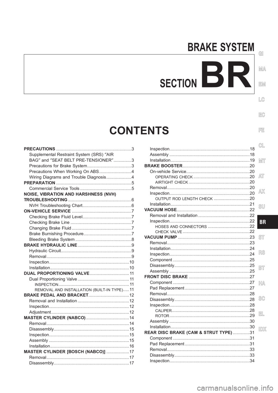 NISSAN ALMERA N16 2003  Electronic Repair Manual BRAKE SYSTEM
SECTION
BR
CONTENTS
PRECAUTIONS<00110011001100110011001100110011001100110011001100110011001100110011001100110011001100110011001100110011001100110011001100110011001100110011001100110011001