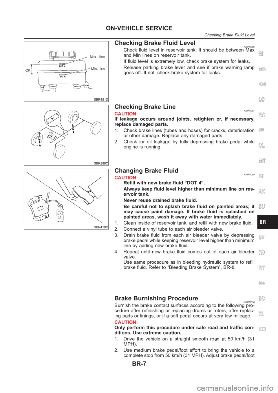 NISSAN ALMERA N16 2003  Electronic Repair Manual SBR451D
Checking Brake Fluid LevelNJBR0006Check fluid level in reservoir tank. It should be between Max
and Min lines on reservoir tank.
If fluid level is extremely low, check brake system for leaks.
