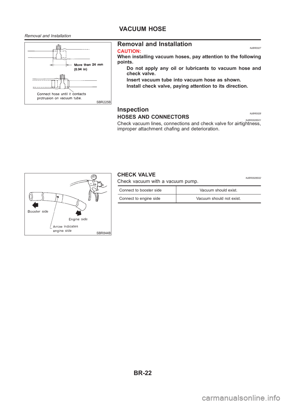 NISSAN ALMERA N16 2003  Electronic Repair Manual SBR225B
Removal and InstallationNJBR0027CAUTION:
When installing vacuum hoses, pay attention to the following
points.
Do not apply any oil or lubricants to vacuum hose and
check valve.
Insert vacuum t