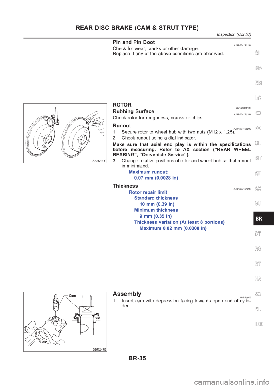 NISSAN ALMERA N16 2003  Electronic Repair Manual Pin and Pin BootNJBR0041S0104Check for wear, cracks or other damage.
Replace if any of the above conditions are observed.
SBR219C
ROTORNJBR0041S02Rubbing SurfaceNJBR0041S0201Check rotor for roughness,